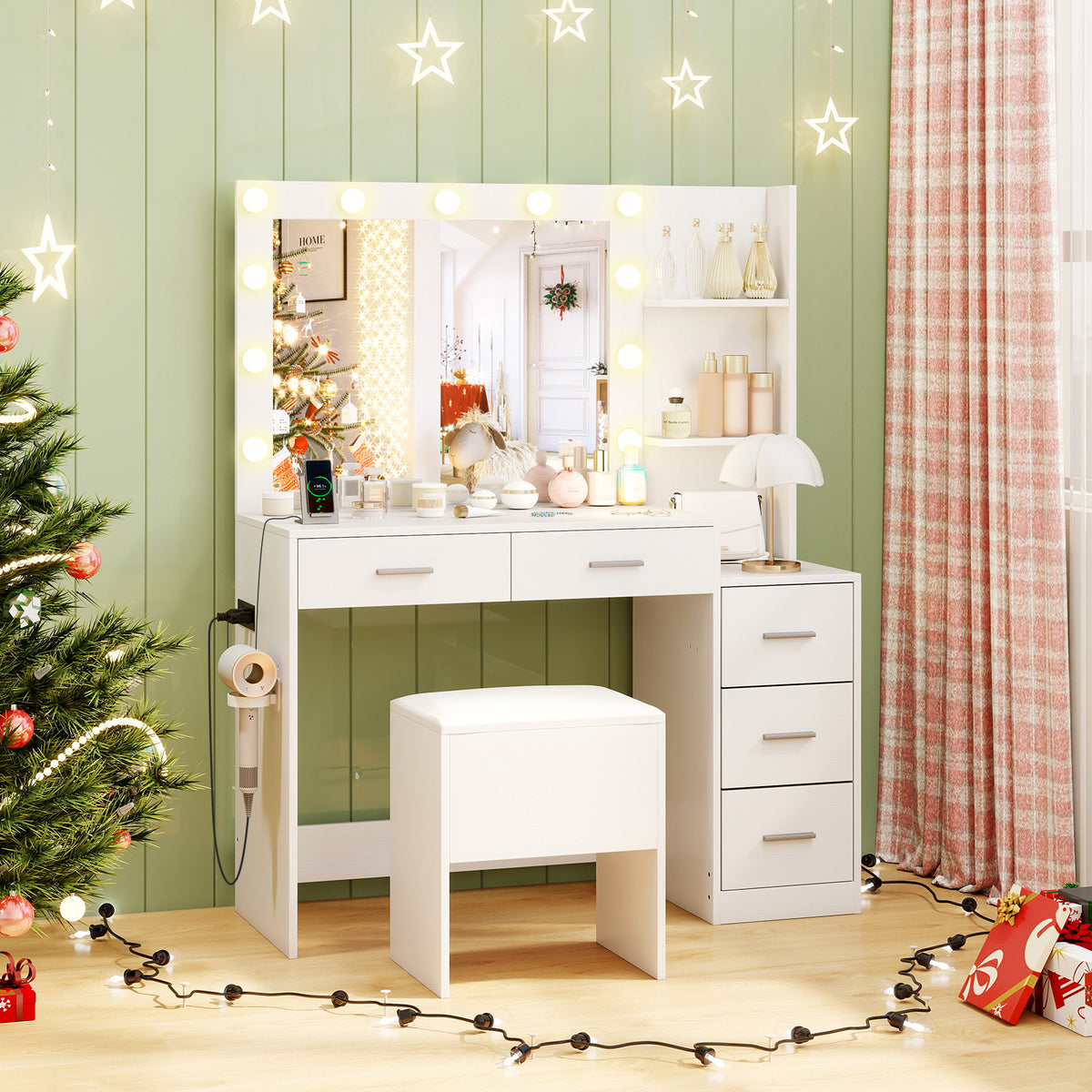 Vanity Desk with Mirror and Lights 5 Drawers Makeup Table Set with Storage Stool-White