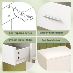 Vanity Desk with Mirror and Lights 5 Drawers Makeup Table Set with Storage Stool-White