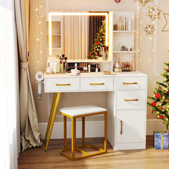 Vanity Desk with Mirror and Lights Makeup Table Set with LED Mirror-White