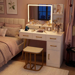 Vanity Desk with Mirror and Lights Makeup Table Set with LED Mirror-White