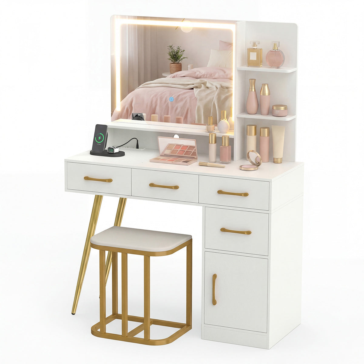 Vanity Desk with Mirror and Lights Makeup Table Set with LED Mirror-White