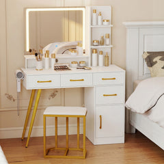 Vanity Desk with Mirror and Lights Makeup Table Set with LED Mirror-White