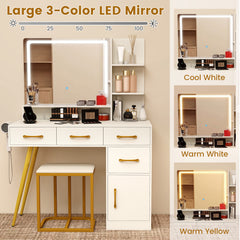 Vanity Desk with Mirror and Lights Makeup Table Set with LED Mirror-White