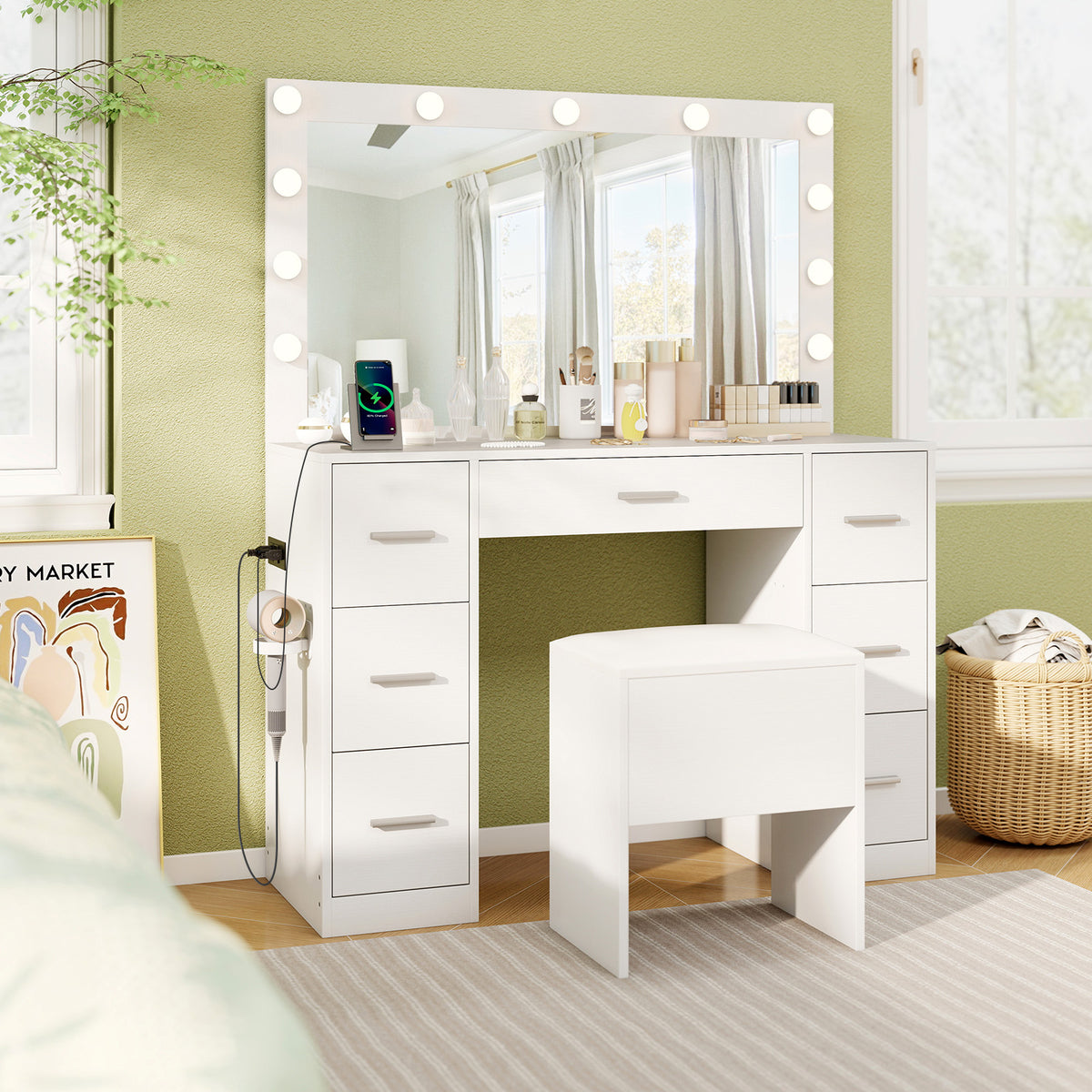 Vanity Desk with Mirror and Lights Makeup Table Set with Storage Stool-White
