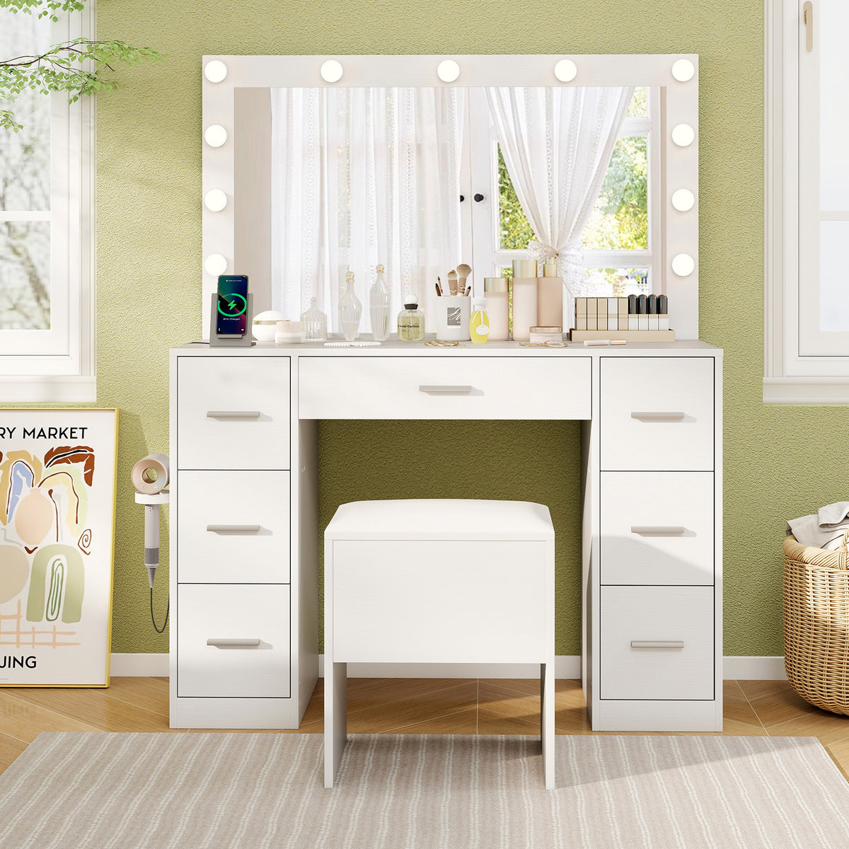 Vanity Desk with Mirror and Lights Makeup Table Set with Storage Stool-White