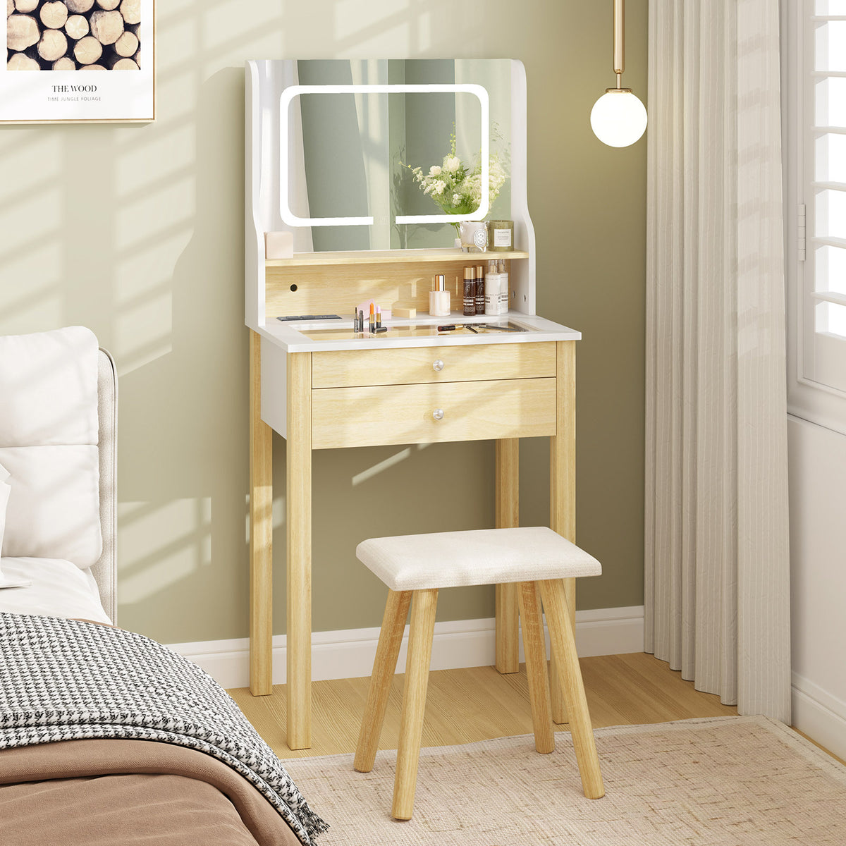 Vanity Desk with Mirror and Lights Small Makeup Table with 3 Light Modes-White