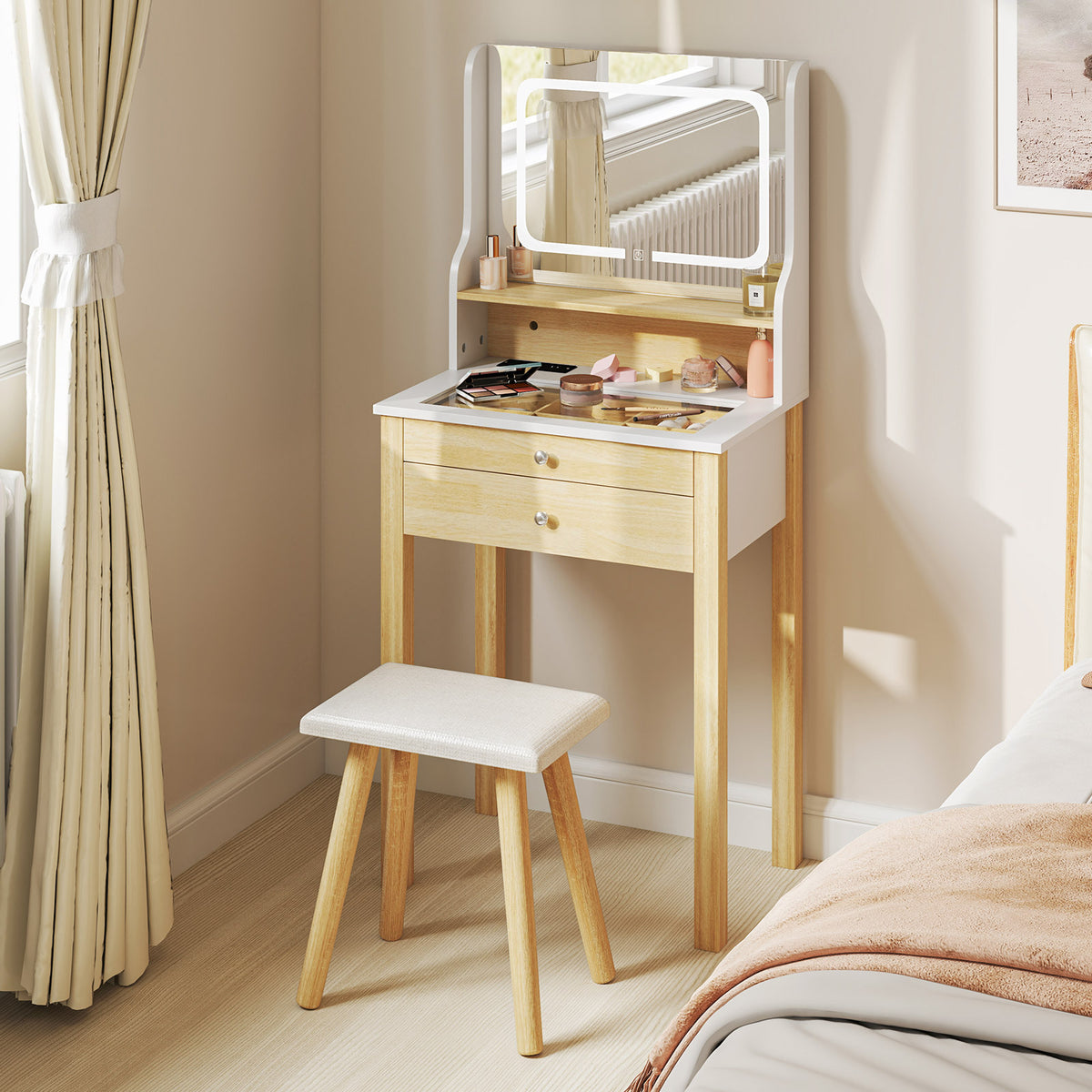Vanity Desk with Mirror and Lights Small Makeup Table with 3 Light Modes-White