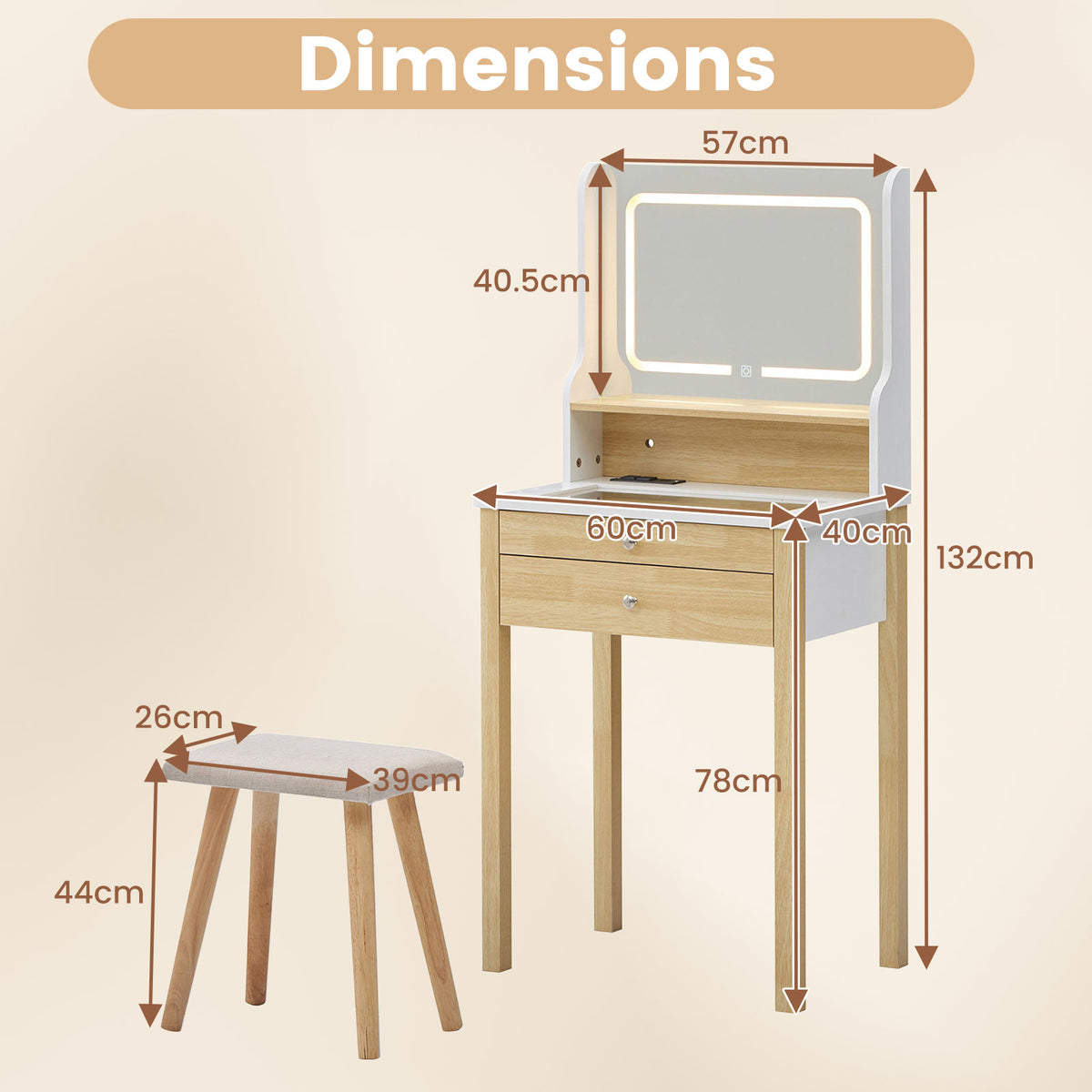 Vanity Desk with Mirror and Lights Small Makeup Table with 3 Light Modes-White