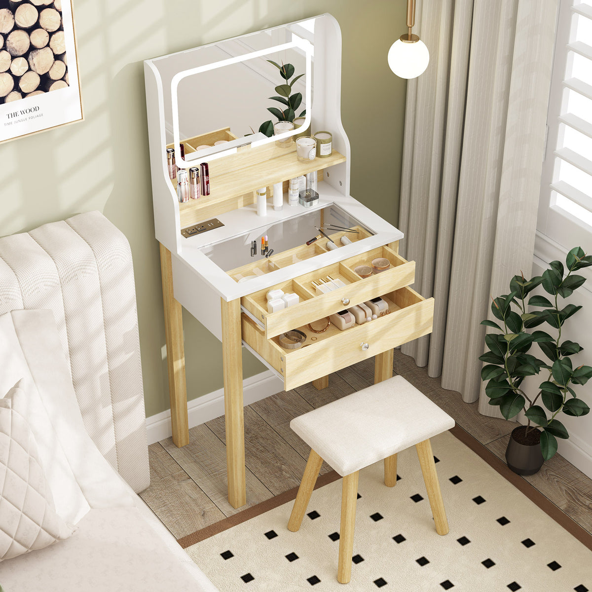 Vanity Desk with Mirror and Lights Small Makeup Table with 3 Light Modes-White