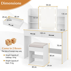 Vanity Set with 3-Color Lighting and Adjustable Brightness-White