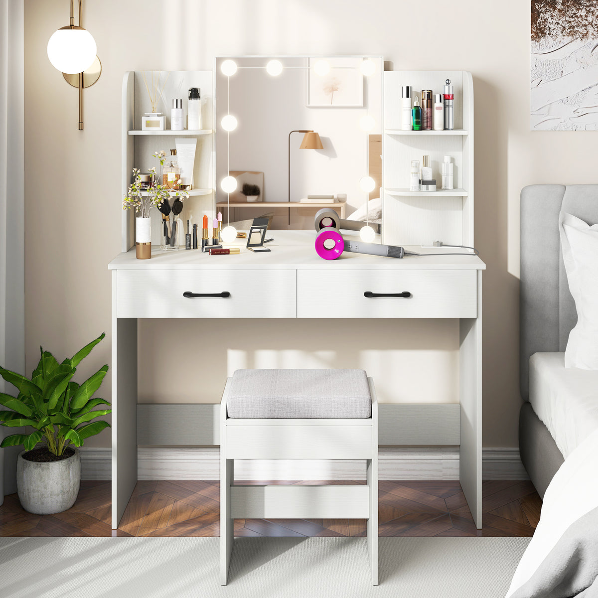 Vanity Set with 3-Color Lighting and Adjustable Brightness-White
