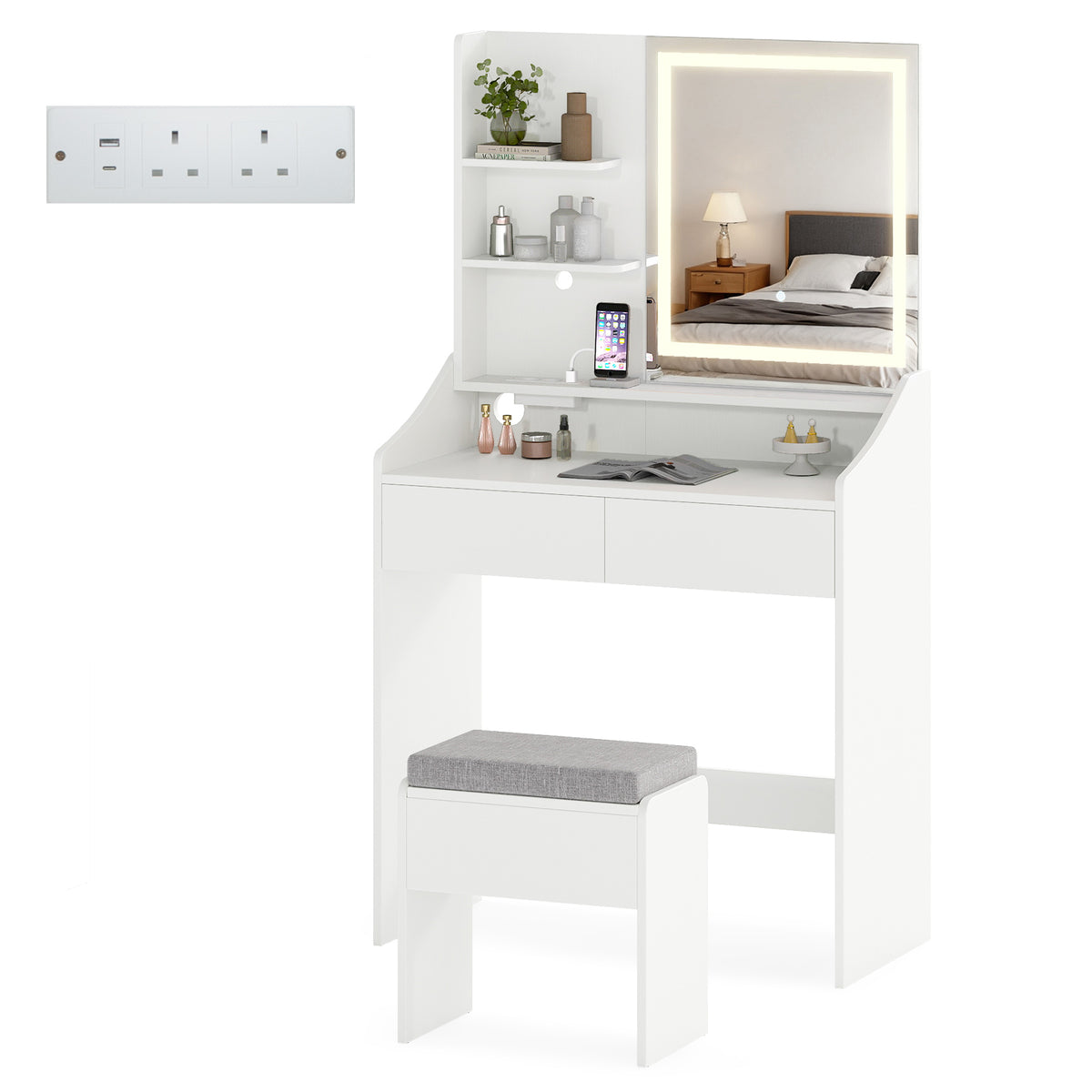 Vanity Desk Set with Built-in Charging Station and Storage Drawers-White