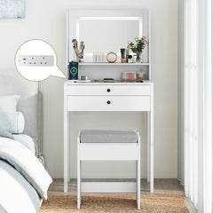 Vanity Desk with Power Outlets and 3 Color Lighting Modes for Bedroom-White