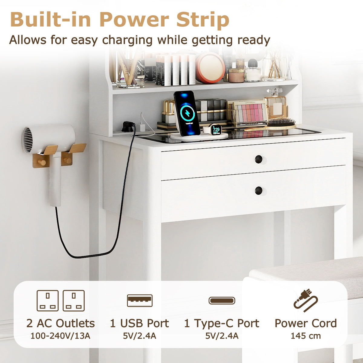 Vanity Desk with Power Outlets and 3 Color Lighting Modes for Bedroom-White