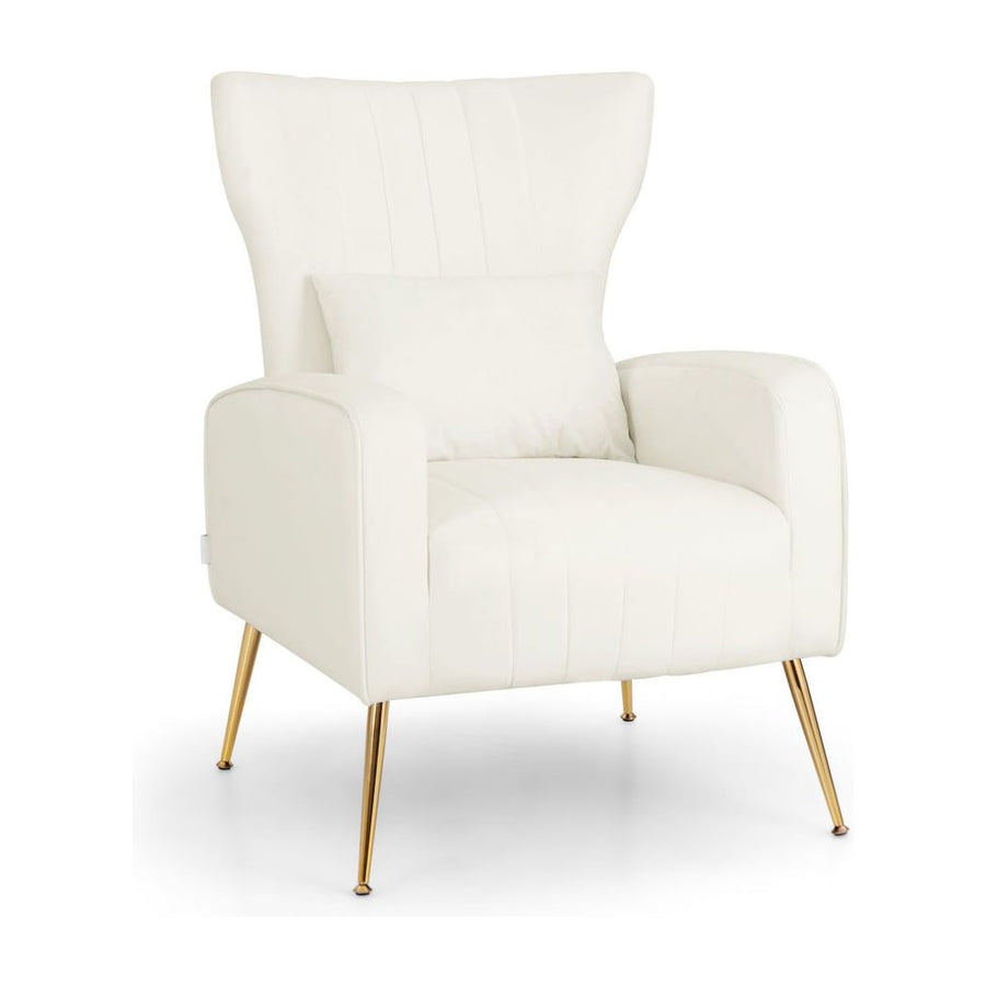 Velvet Upholstered Wingback Chair with Lumbar Pillow and Golden Metal Legs-White