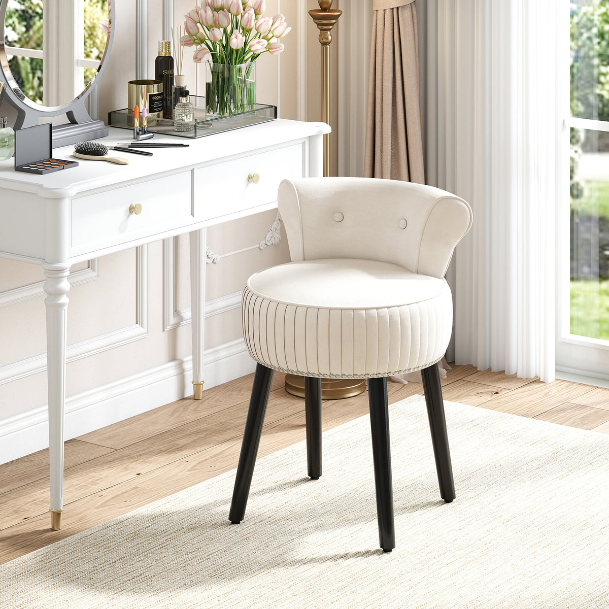 Velvet Vanity Chair with Tufted Low Back and Solid Wood Legs-White