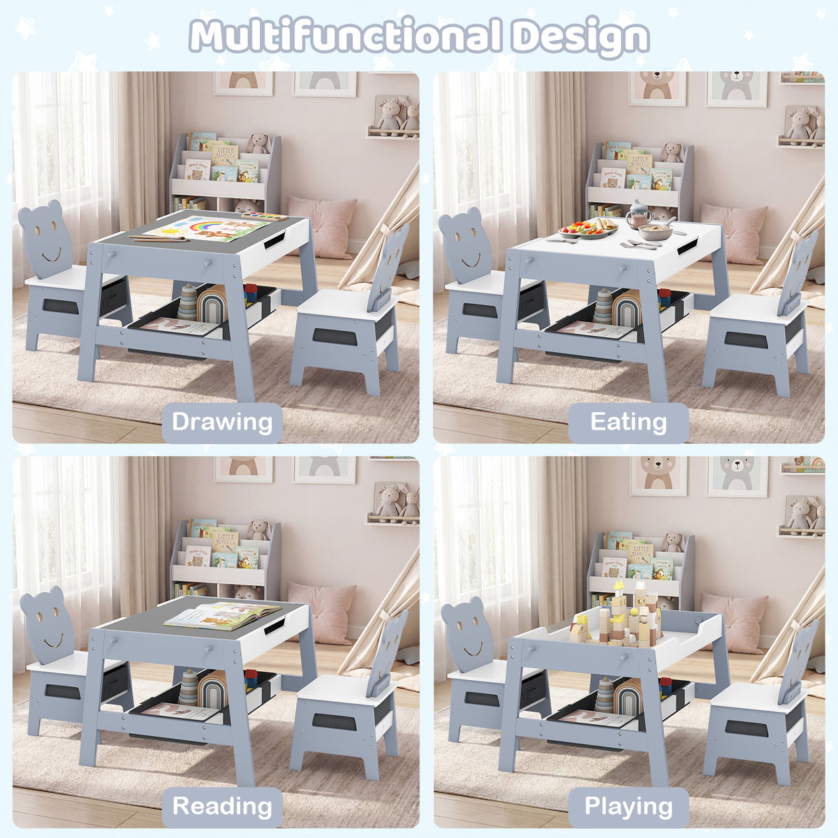 Versatile Kids Table and 2 Chairs Set with Detachable Double-sized Tabletop-Grey
