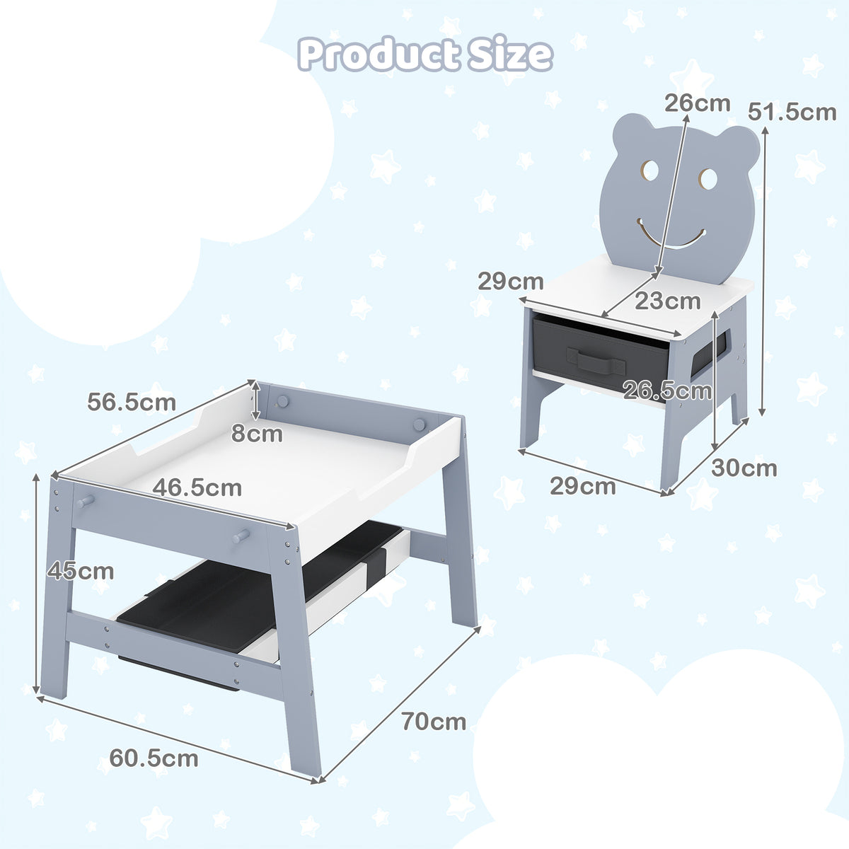 Versatile Kids Table and 2 Chairs Set with Detachable Double-sized Tabletop-Grey