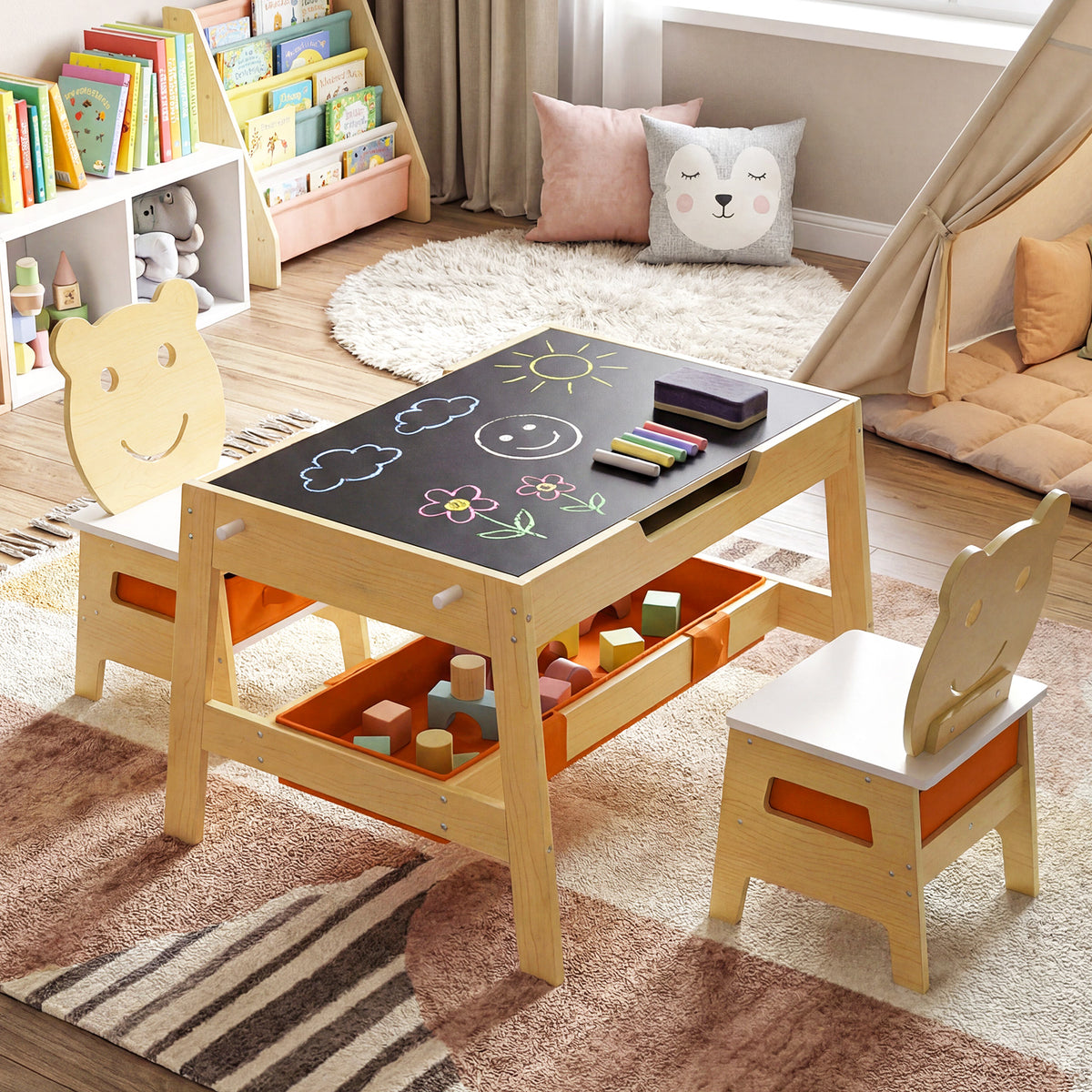 Versatile Kids Table and 2 Chairs Set with Detachable Double-sized Tabletop-Natural