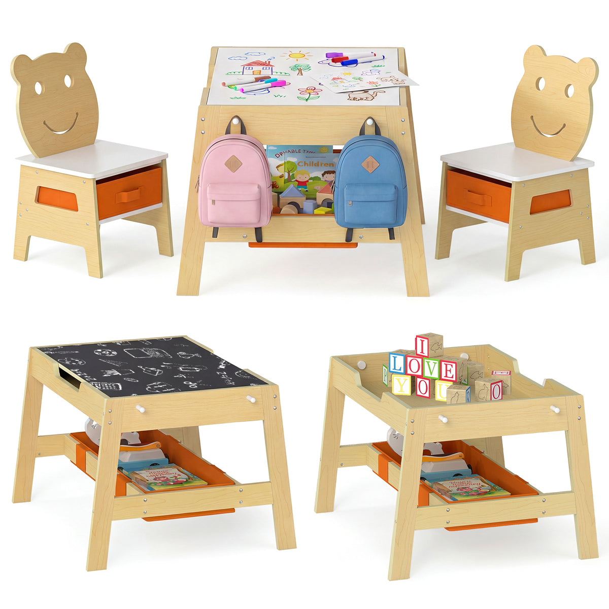 Versatile Kids Table and 2 Chairs Set with Detachable Double-sized Tabletop-Natural