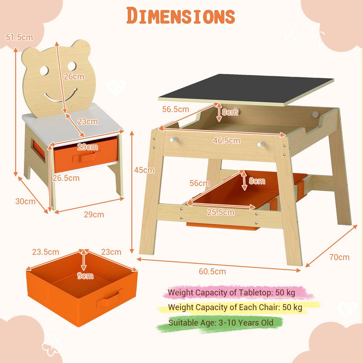 Versatile Kids Table and 2 Chairs Set with Detachable Double-sized Tabletop-Natural
