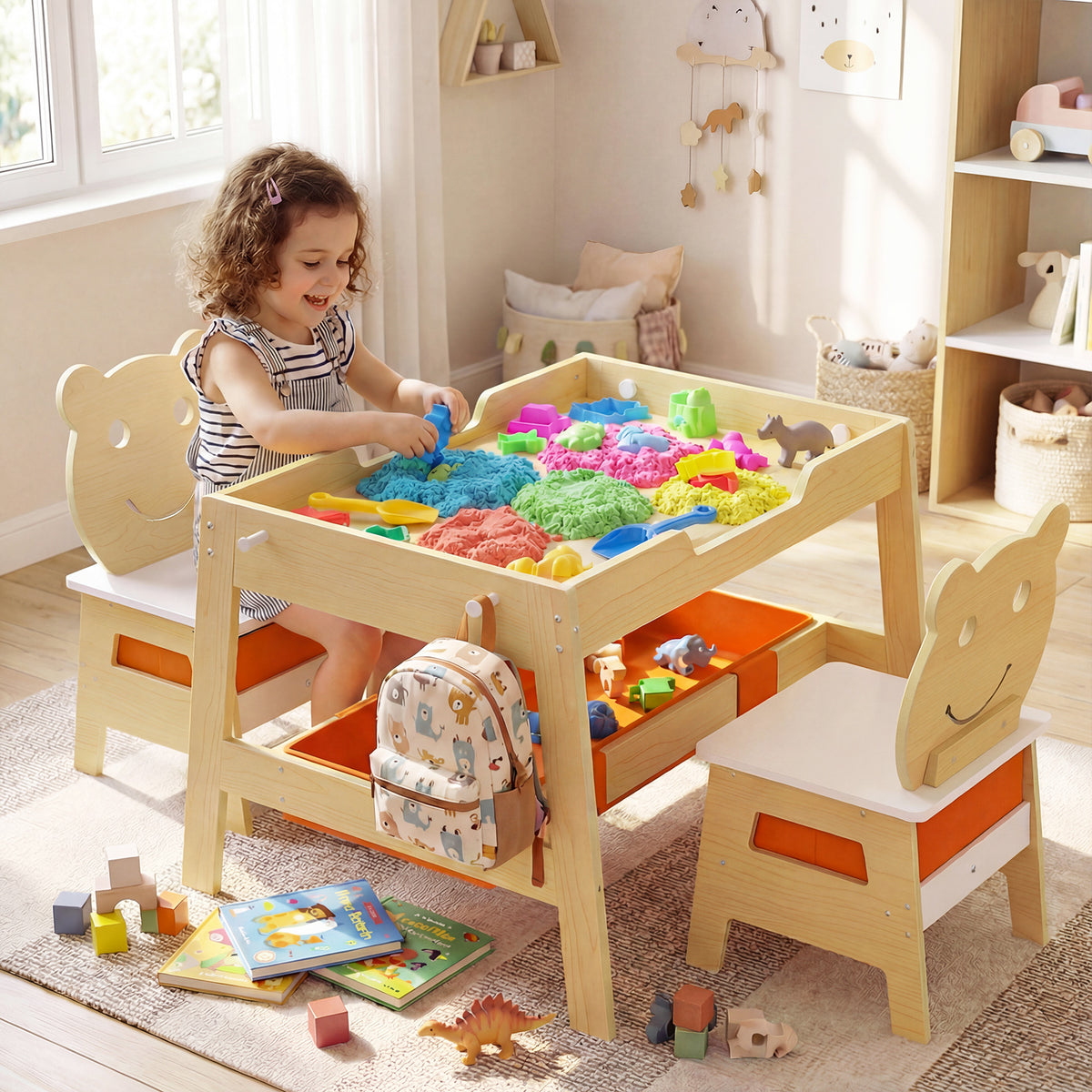 Versatile Kids Table and 2 Chairs Set with Detachable Double-sized Tabletop-Natural