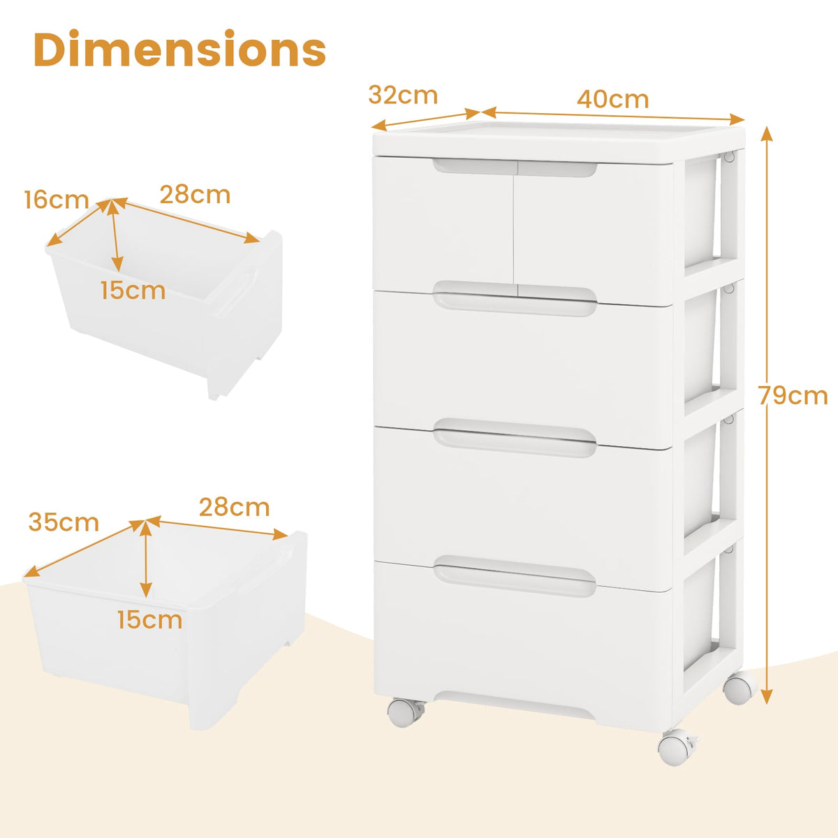 Vertical Rolling Storage Cabinet with Universal Wheels and Lockable Wheels-4 Drawers