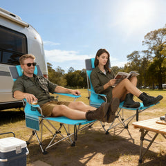 Outsunny Set of 2 Reclining Folding Camping Chair w/ Detachable Footrest, Storage Bag, Cup Holder & Headrest, Blue and Grey