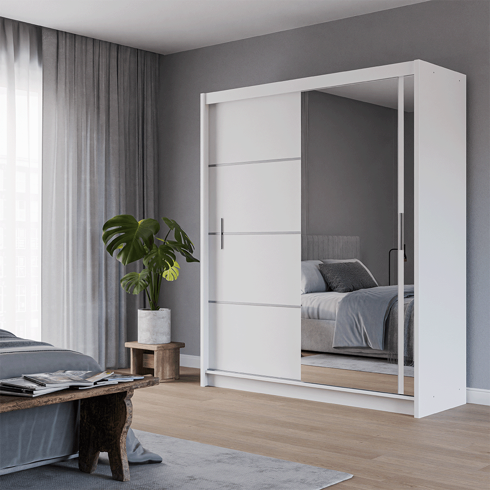 White Mirrored Sliding Door Wardrobe 180cm – MAYFAIR - product image 2