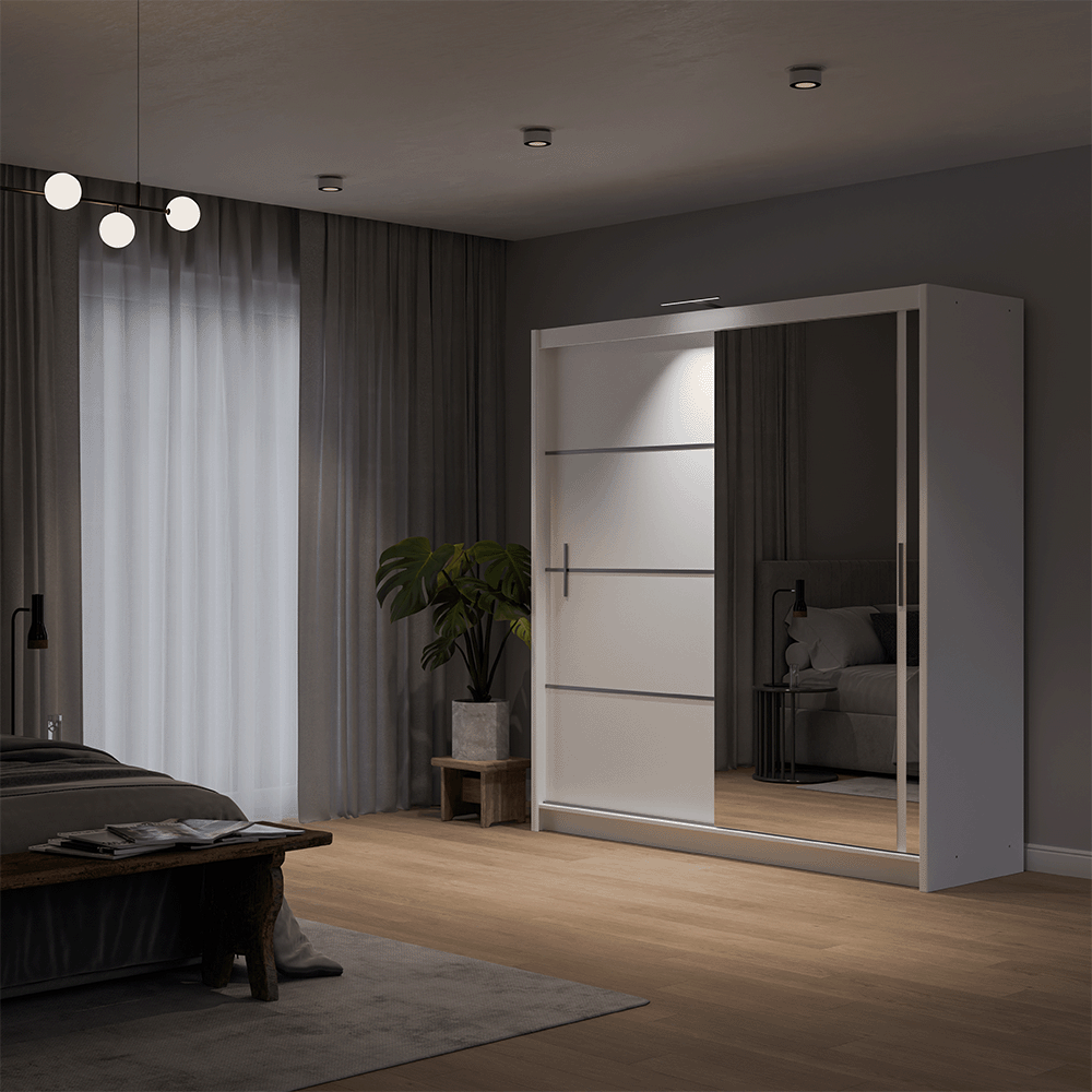 White Mirrored Sliding Door Wardrobe 203cm – MAYFAIR - product image 3