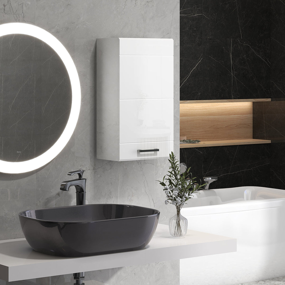 kleankin Bathroom Wall Cabinet, High Gloss Bathroom Storage Cabinet with Soft-Close Door, 3 Shelves, Adjustable Shelf, White