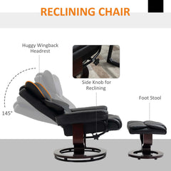 HOMCOM 360 degrees Swivel Recliner Chair with Footstool, PU Leather Manual Recliner Armchair with Footstool, Solid Wood Base, Upholstered Reclining Chair for Living Room, Bedroom, Office, Black