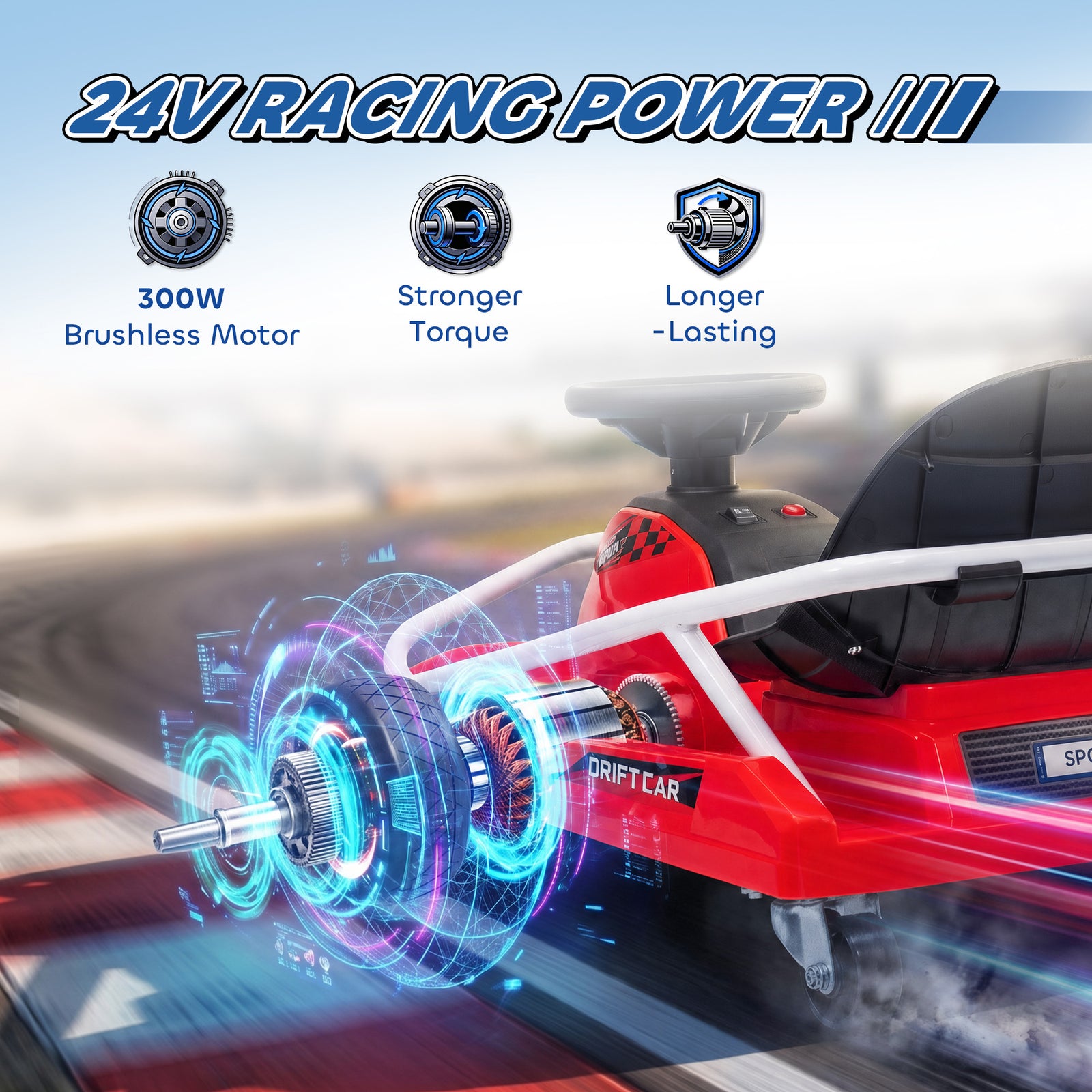 AIYAPLAY 24V Electric Go Kart for Kids with Drift Mode, 300W Brushless Motor, Soft Start and Dual Speed for Ages 6-10, Red