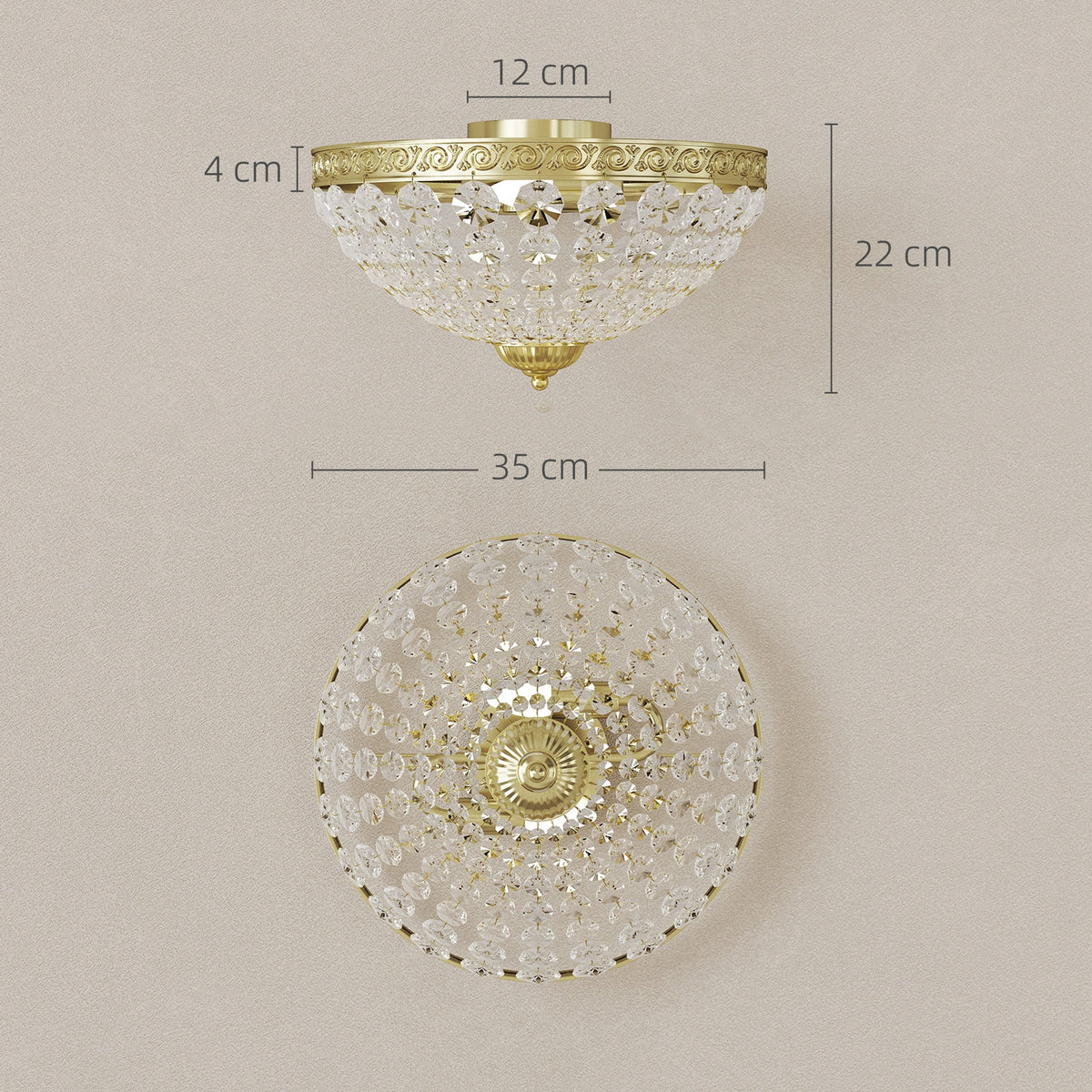 HOMCOM Crystal Chandelier Ceiling Light with 168 Octagonal Beads, Vintage 2-Light Flush Mount Ceiling Light for Living Room, Bedroom, Hallway, Dining Room, Gold Tone