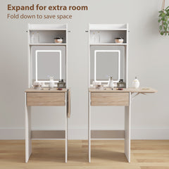 HOMCOM Small Vanity Desk with Mirror and LED Lights, Compact Dressing Table with Drop Leaf, Open Shelves and Drawer, White