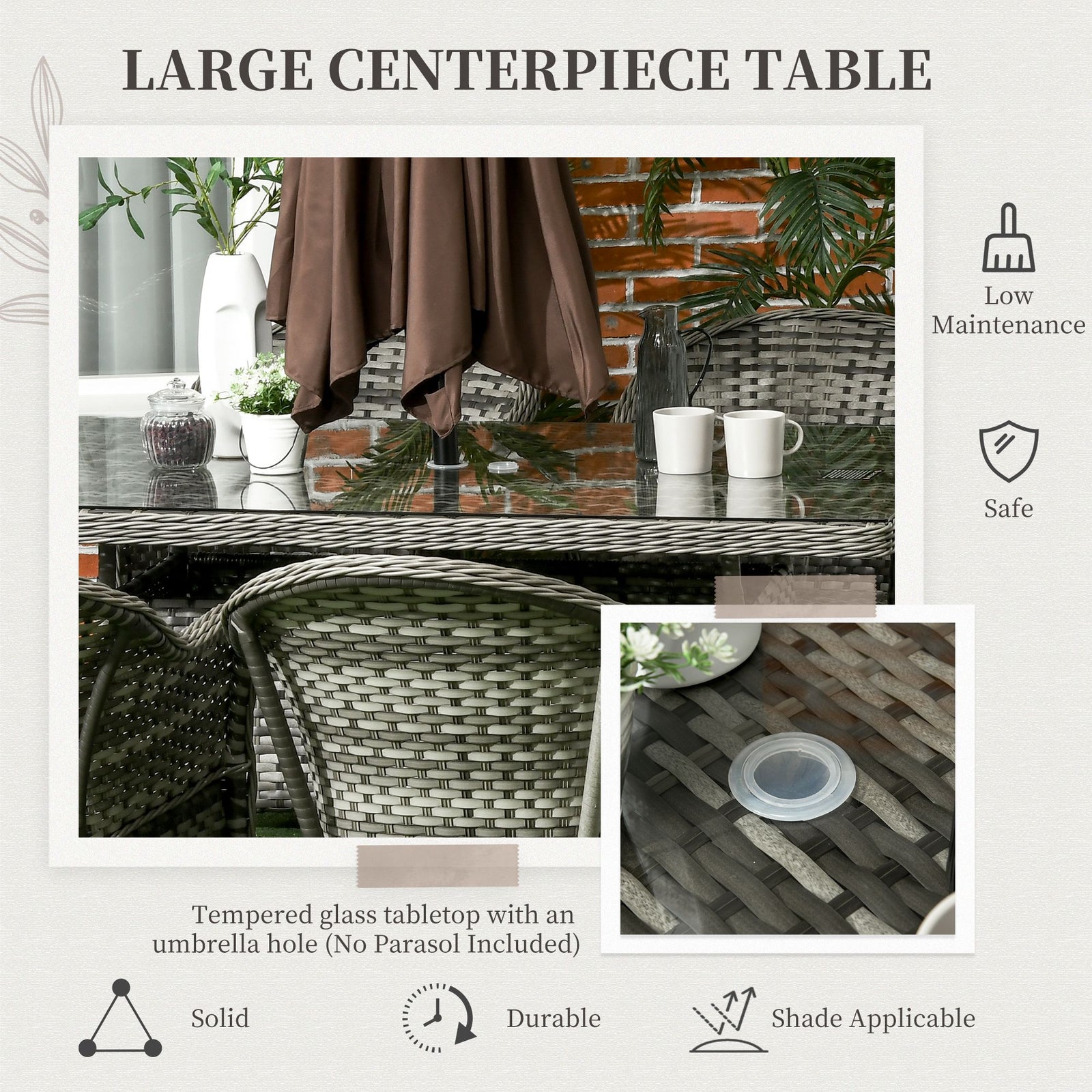Outsunny Seven-Piece Rattan Dining Set with Tempered Glass Table Top and Parasol Hole - Grey