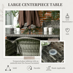 Outsunny Seven-Piece Rattan Dining Set with Tempered Glass Table Top and Parasol Hole - Grey