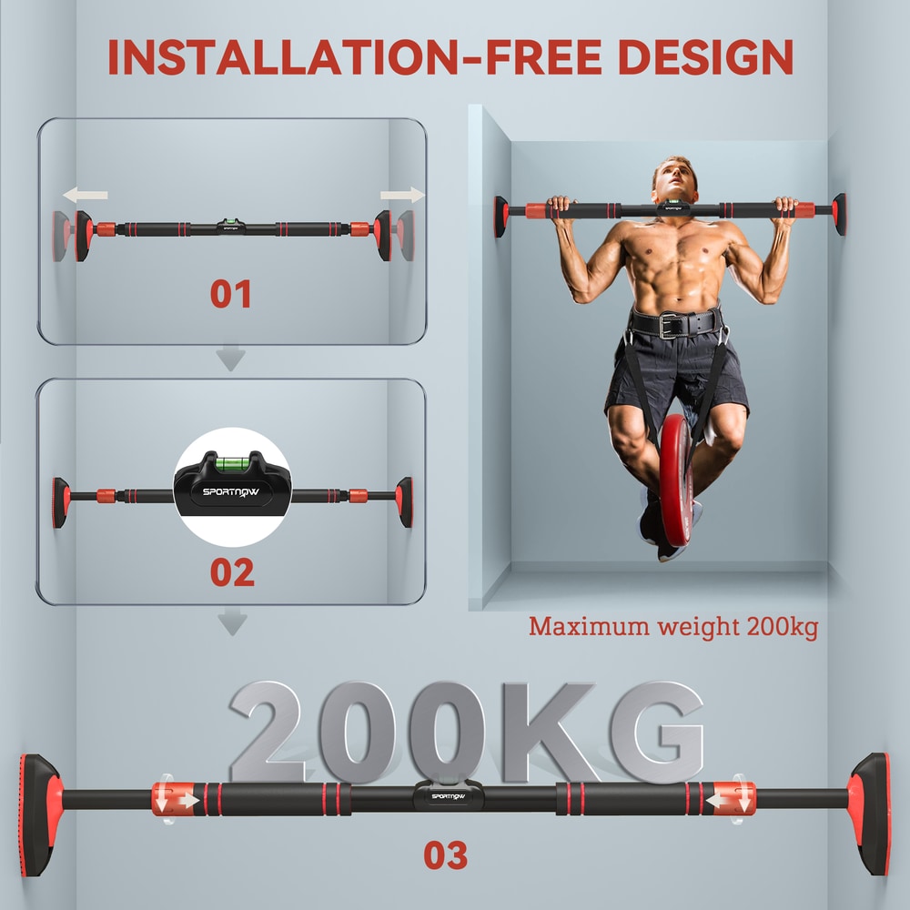 Diagram showing the installation-free design and maximum weight capacity of the doorway pull up bar