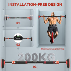 Diagram showing the installation-free design and maximum weight capacity of the doorway pull up bar