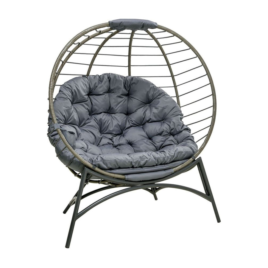 Outsunny Folding Rattan Egg Chair, Freestanding Basket Chair with Cushion, Bottle Holder Bag for Outdoor or Indoor, Grey