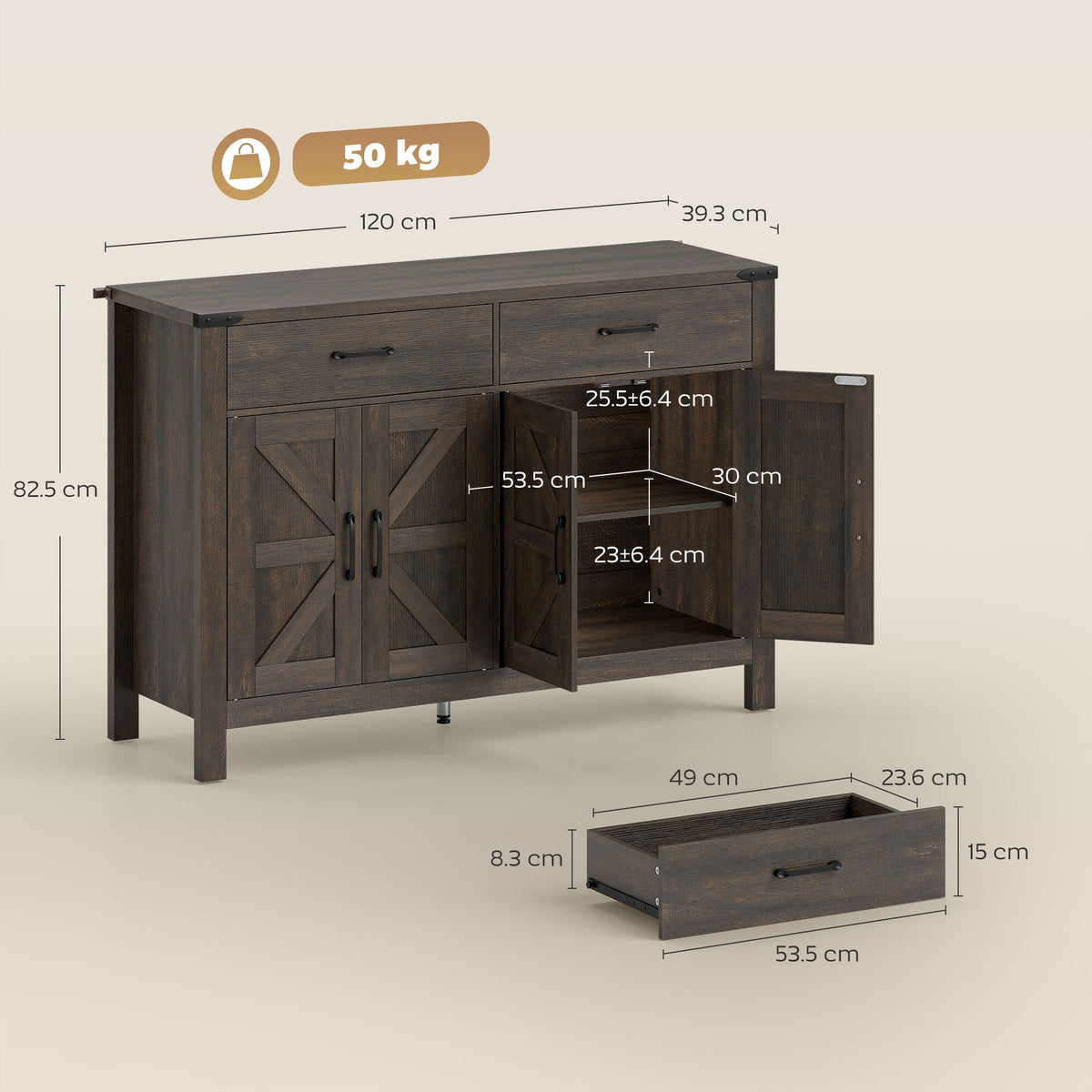 HOMCOM Kitchen Cupboard, Sideboard with 4 Doors, 2 Drawers and 2 Adjustable Shelves for Dining Room, Dark Brown