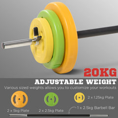 HOMCOM 20kg Adjustable Barbell Weights Set with Barbell Jack, Adjustable Weights Set with Non-slip Handle and Fixing Clip, for Home Gym Strength Training