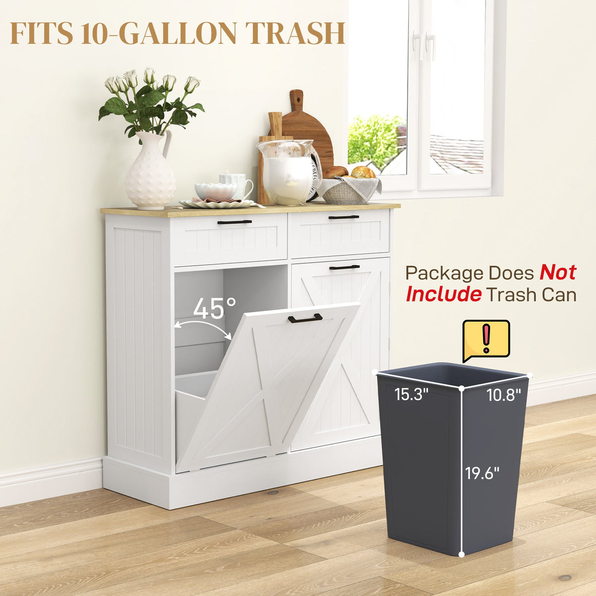HOMCOM Sideboard with Tilt-out Trash Bin, Farmhouse Kitchen Sideboard with 2 Drawers, Adjustable Shelves, Door Racks, White