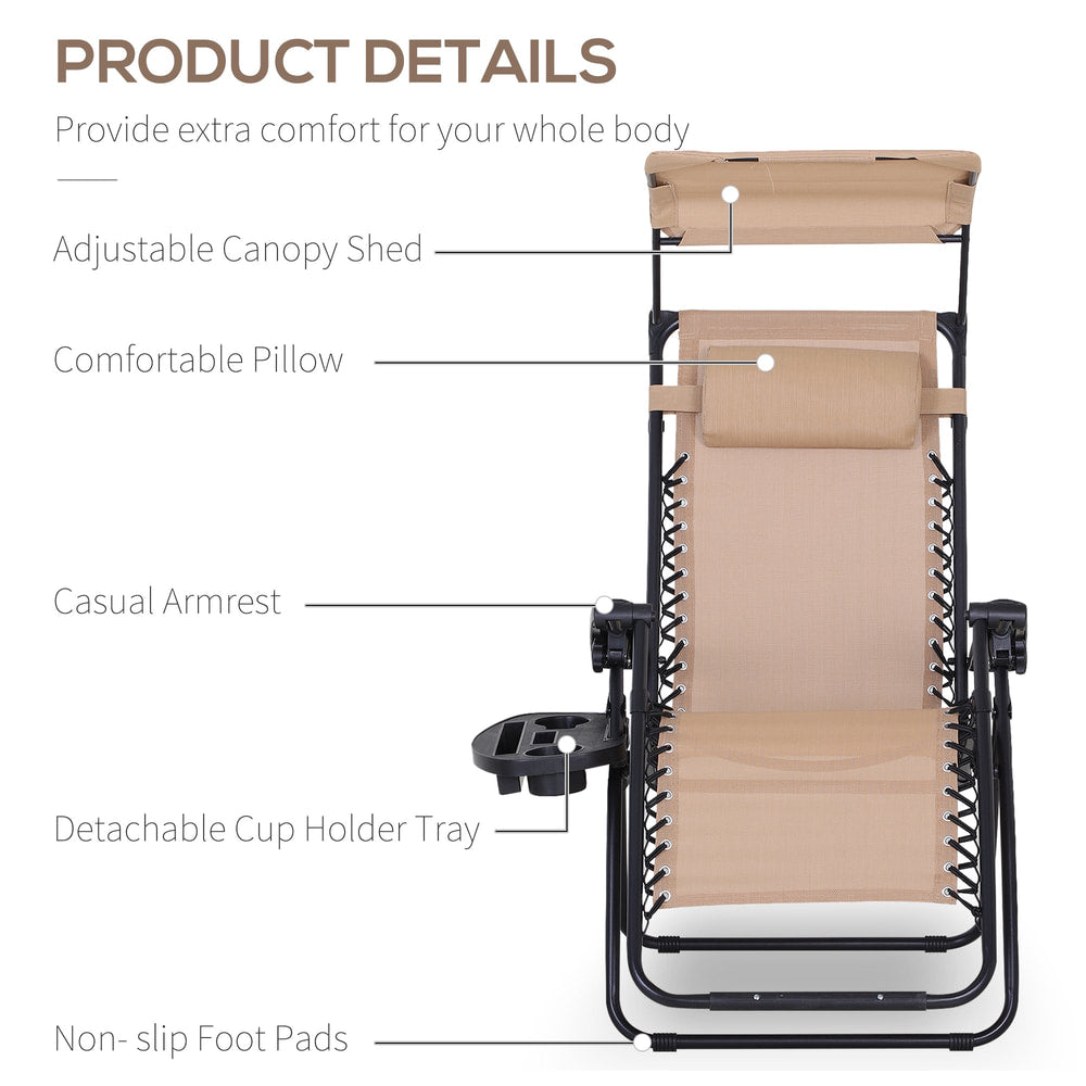 Outsunny 2 Piece Foldable Reclining Garden Chair with Headrest, Zero Gravity Deck Sun Lounger Seat Chair with Footrest