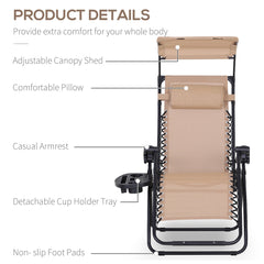 Outsunny 2 Piece Foldable Reclining Garden Chair with Headrest, Zero Gravity Deck Sun Lounger Seat Chair with Footrest