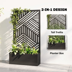 Outsunny Metal Garden Bed for Garden with Trellis, Raised Garden Bed with Privacy Screen, Geometric Slatted Cut-Out