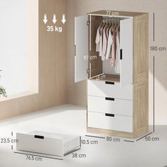 HOMCOM Modern Clothes Storage Cupboard Unit, 3 Drawer 2 Door Wardrobe with Hanging Rod, Oak