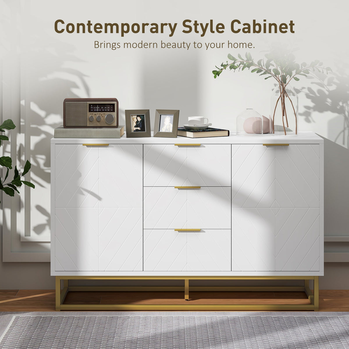 HOMCOM Sideboard with 3 Drawers and Adjustable Shelves for Living Room - White