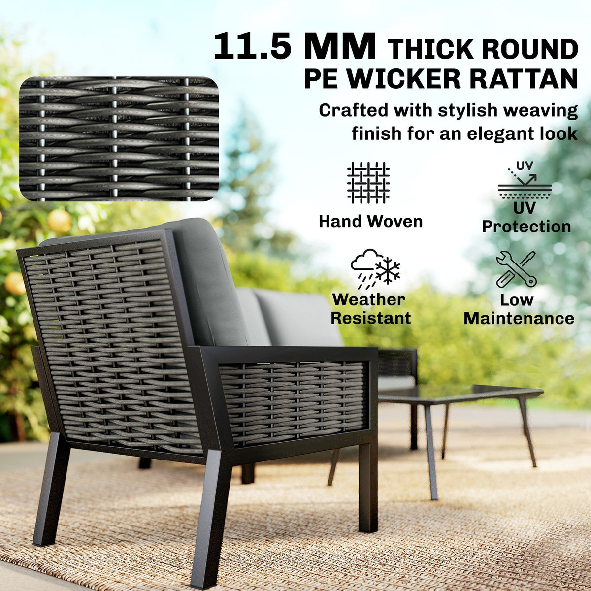 Outsunny 4 Seater Rattan Garden Furniture Set with 2 Armchairs, Loveseat, Coffee Table, Garden Sofa Set with Cushions, Dark Grey