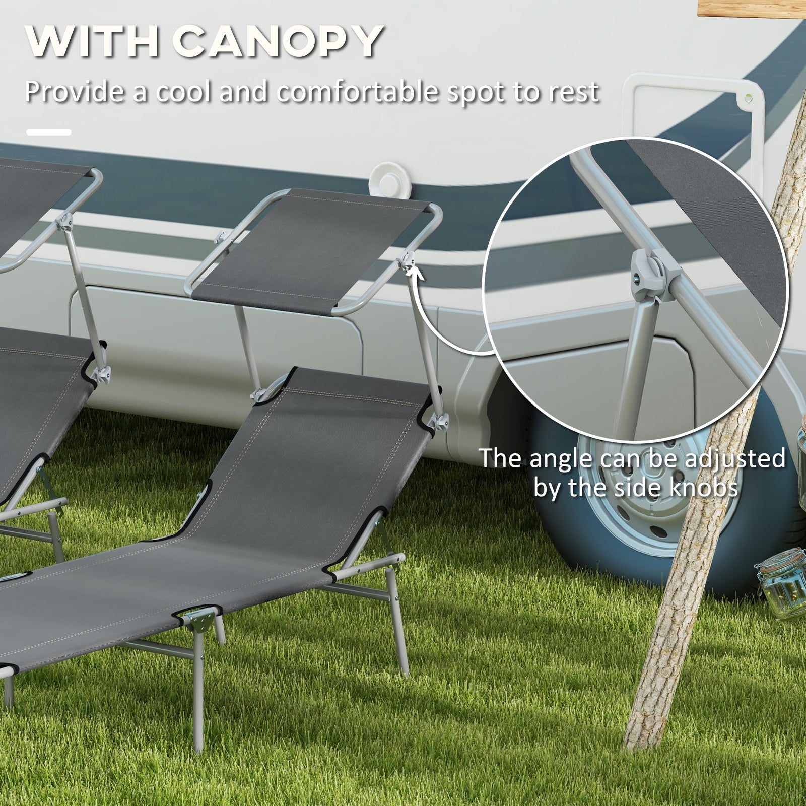 Outsunny Folding Sun Lounger Set of 2 with Canopy, Reclining Sunbed with 4-Position Adjustable Backrest, 600D Oxford Cloth, Portable Garden Lounger Recliner Chair for Beach, Camping, Patio, Grey